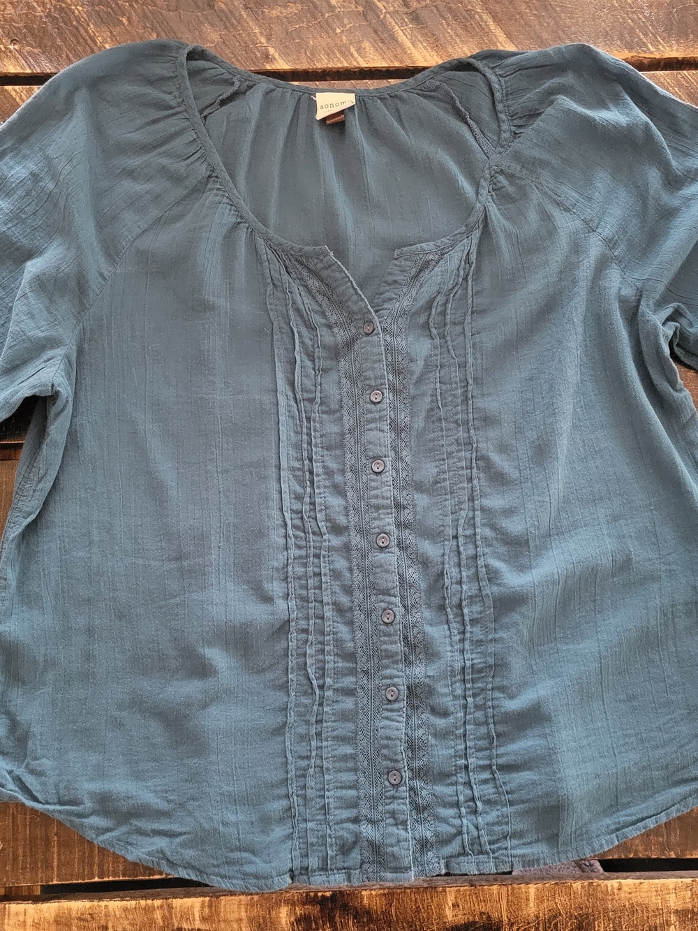 Womans Sonoma Boden Teal Pintuck Button-Front Blouse Size Xlarge